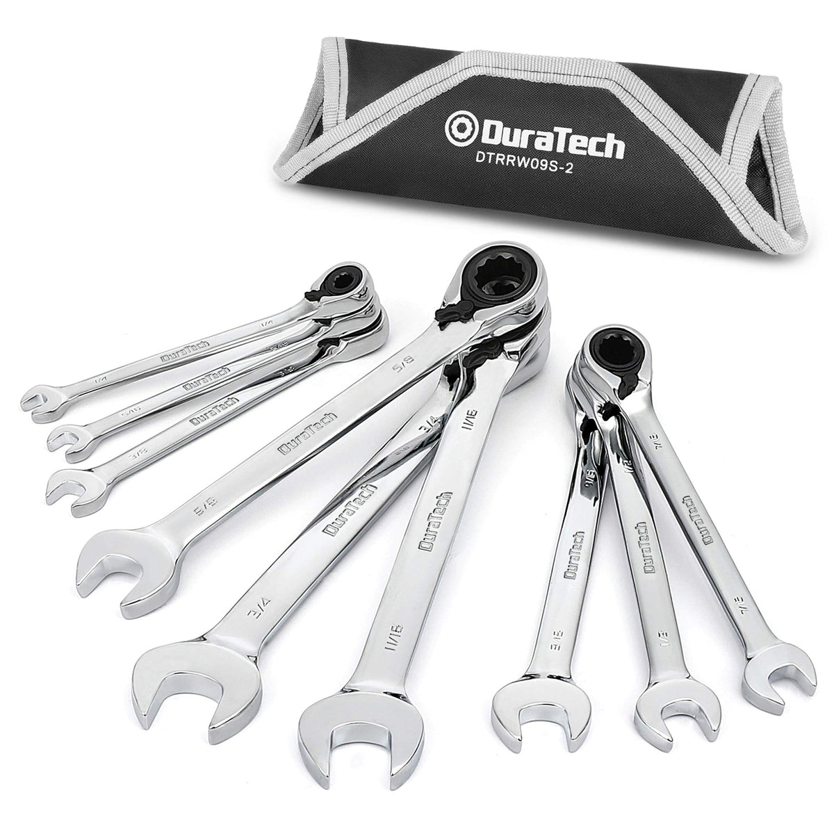 DURATECH reversible ratcheting wrench set in action with 1/4 to 3/4 inch openings for fast fixes