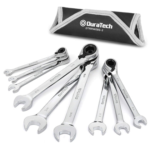 DURATECH reversible ratcheting wrench set in action with 1/4 to 3/4 inch openings for fast fixes