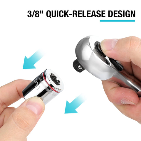 DURATECH reversible switch and quick-release for one-handed socket changes.