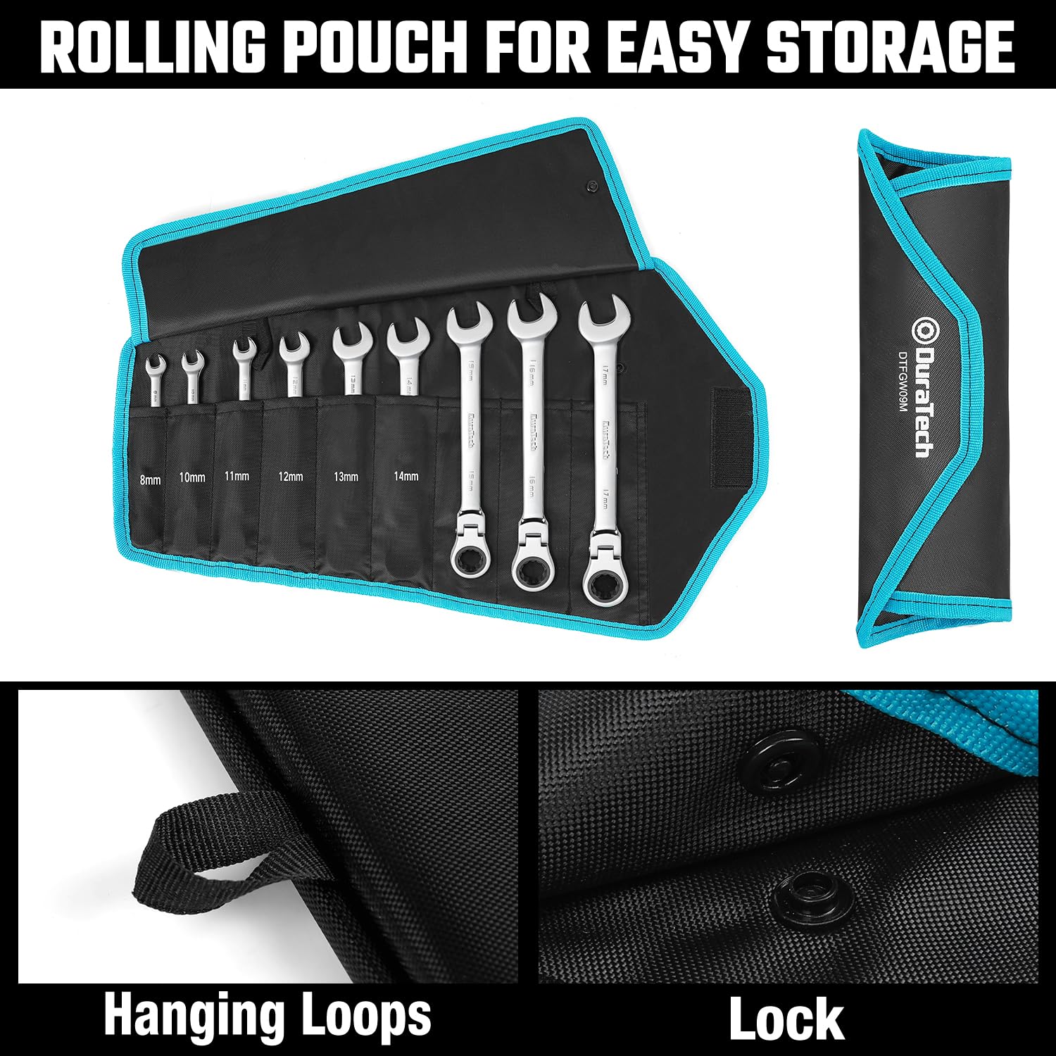 DURATECH roll-up pouch for organized portability of wrenches.