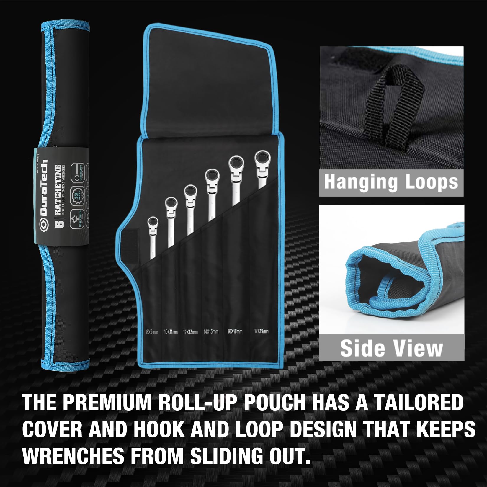 DURATECH roll-up pouch keeps wrenches organized and portable.