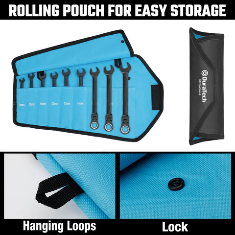 Duratech roll-up pouch keeps wrenches organized and portable.