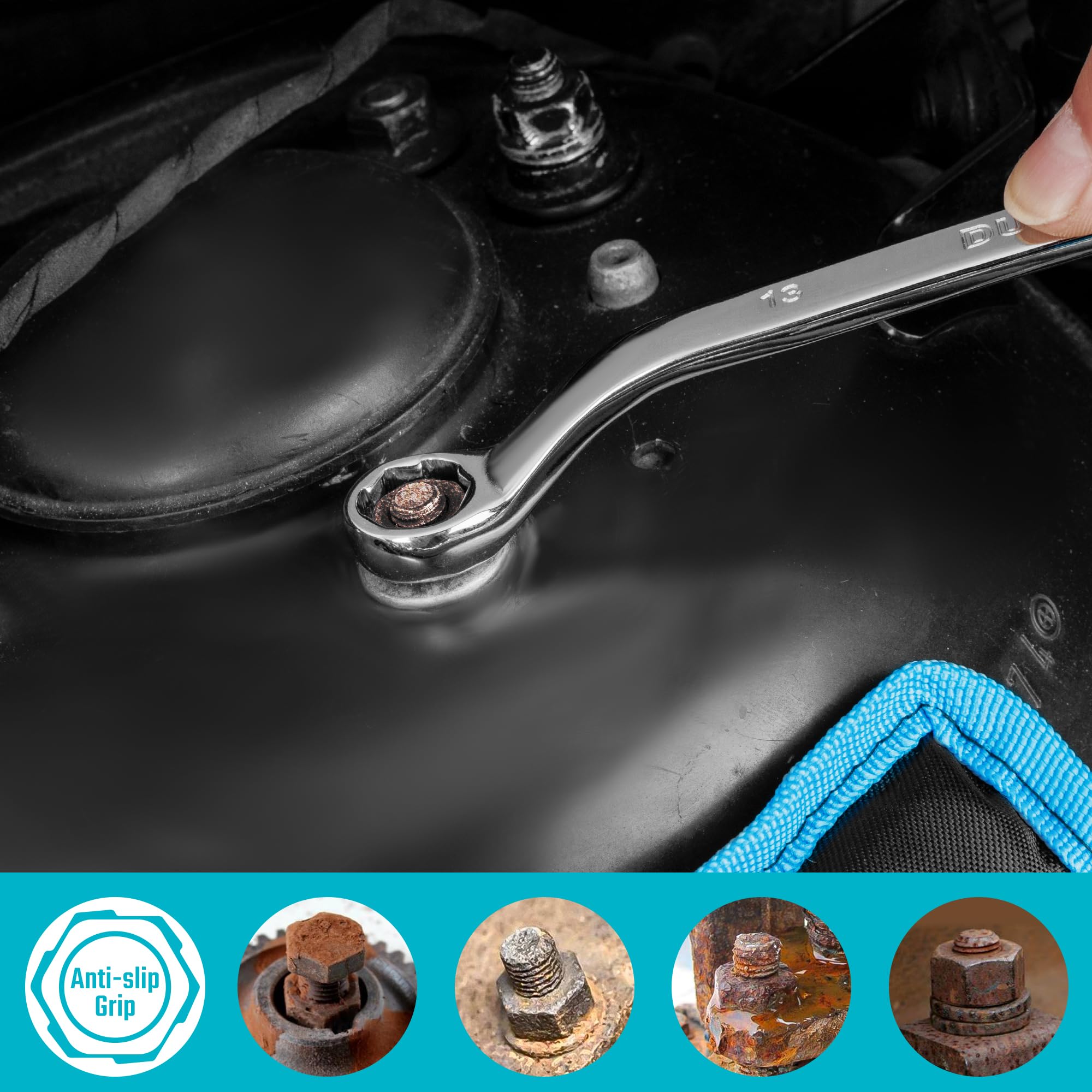 DURATECH rolling pouch keeps wrenches organized and portable.