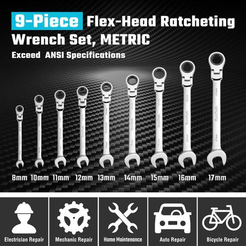DURATECH rotating flex-head wrenches enable 180-degree maneuverability around obstacles.