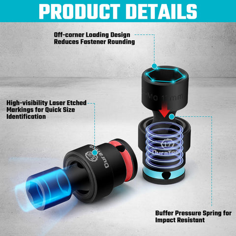 Duratech socket sizes cover metric and SAE fasteners.