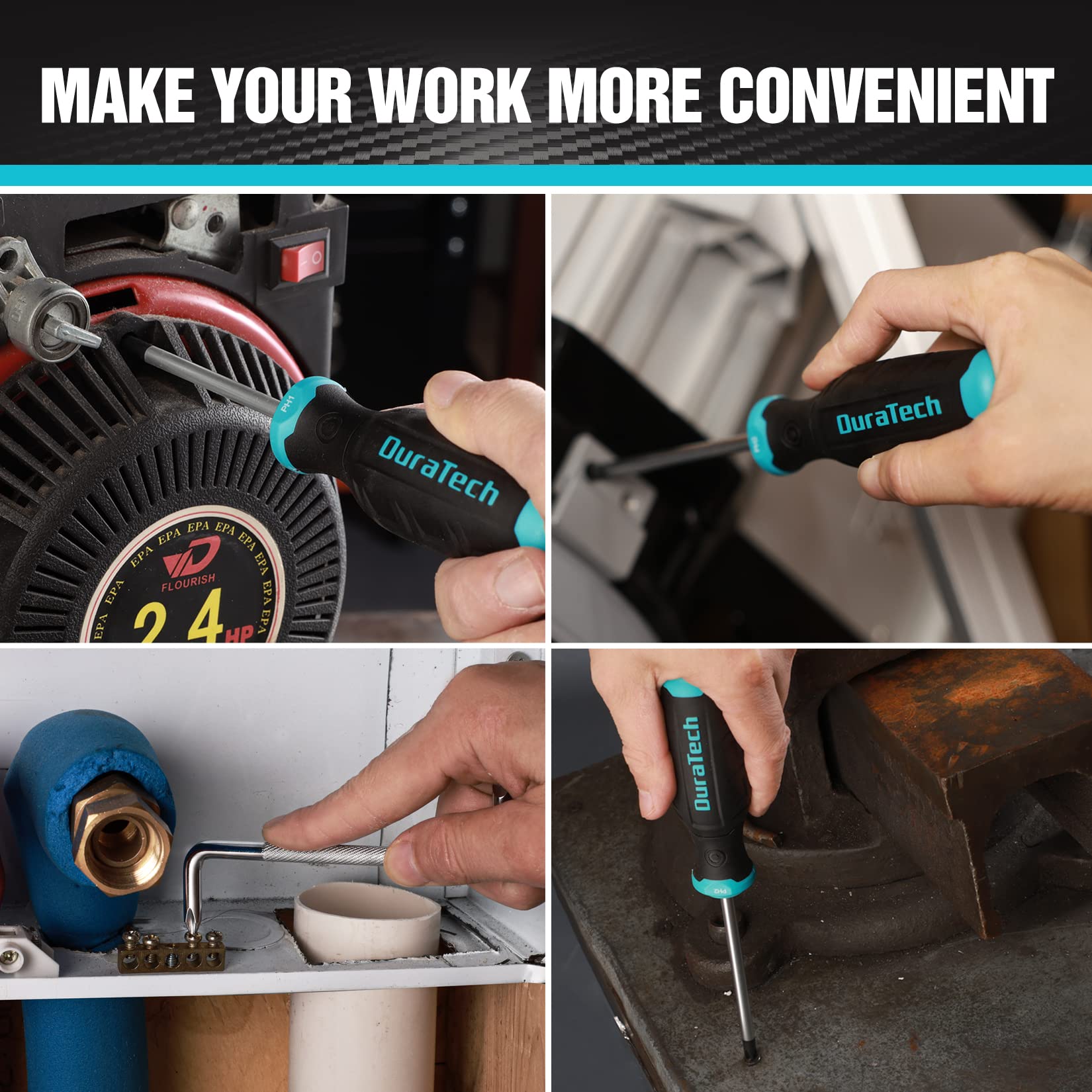 DURATECH soft PP+TPE handles provide a comfortable, non-slip grip.