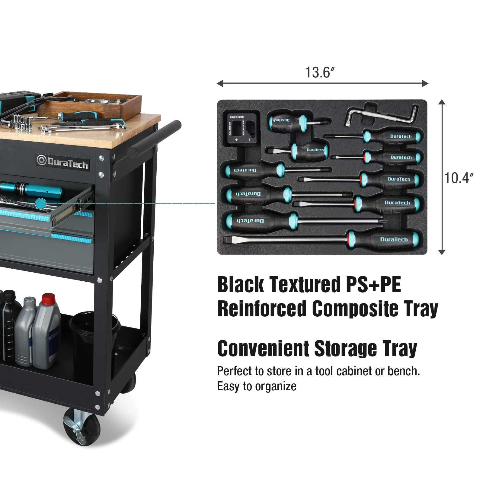 DURATECH storage tray keeps screwdrivers organized in a compact toolbox.
