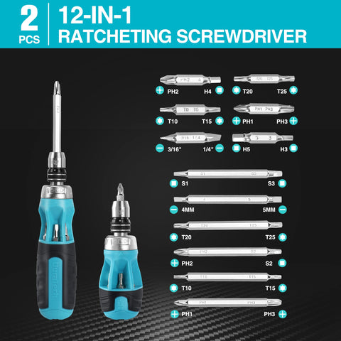 Duratech 12-in-1 stubby ratcheting screwdriver ready for tight spaces.
