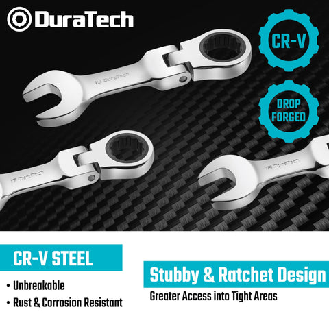 Duratech stubby flex-head wrench 12mm helps reach under dashboards.