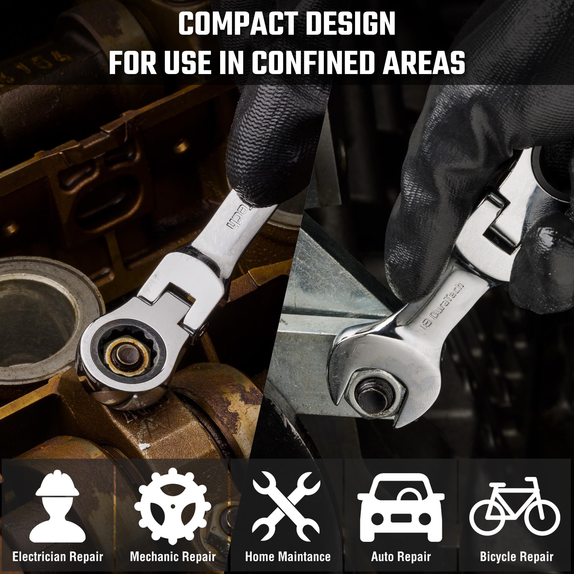 Duratech stubby flex-head wrench with pouch keeps tools organized on the go.
