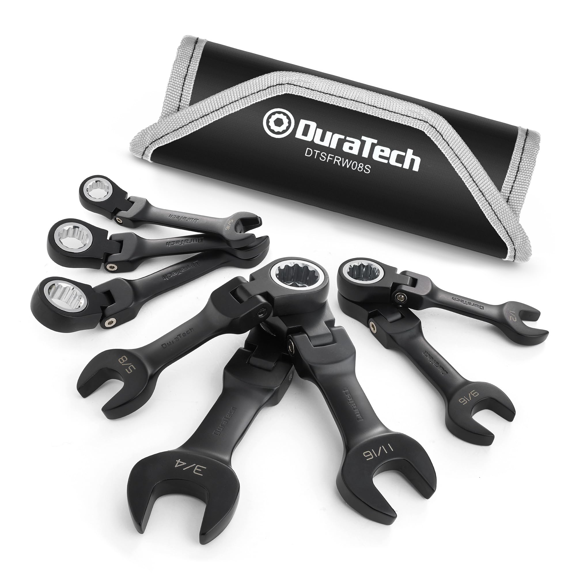 DURATECH stubby flex-head wrench set with rolling pouch for easy transport