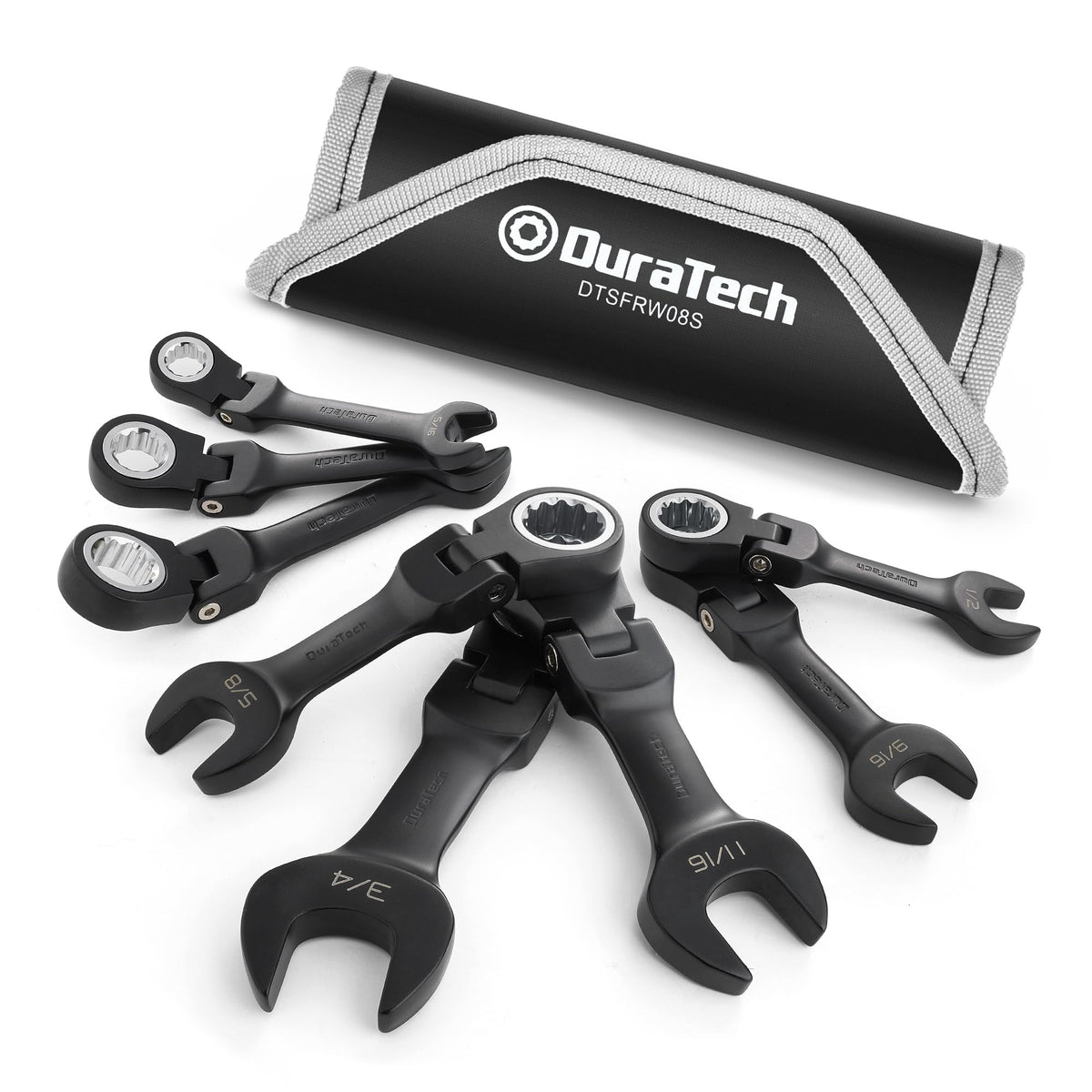 DURATECH stubby flex-head wrench set with rolling pouch for easy transport