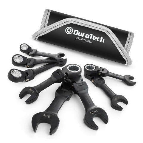 DURATECH stubby flex-head wrench set with rolling pouch for easy transport