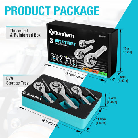 Duratech stubby ratchet ergonomic handle reduces fatigue.