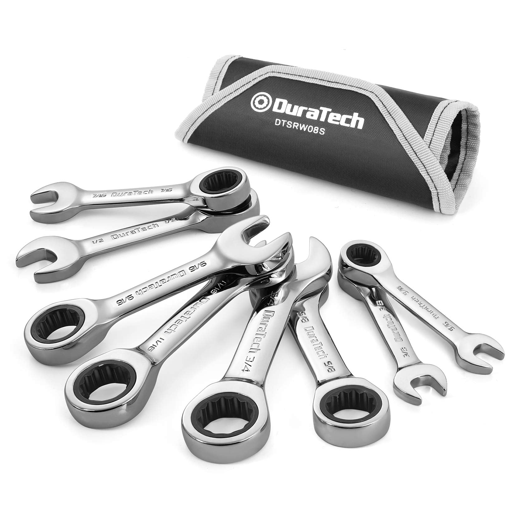 DURATECH stubby ratcheting wrench set laid out for quick access in tight spaces
