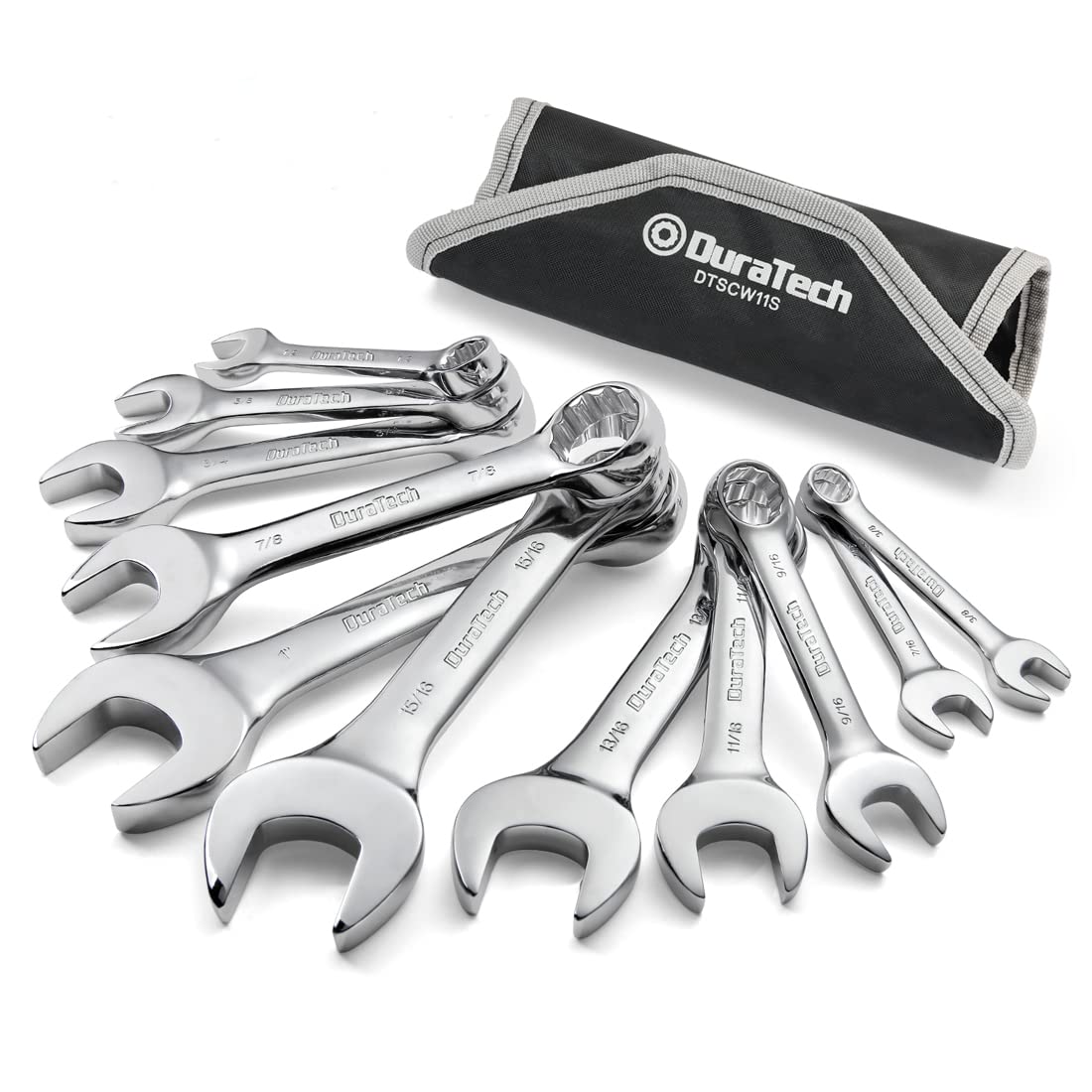 DURATECH Stubby SAE wrench set shown with rolling pouch for quick organization.