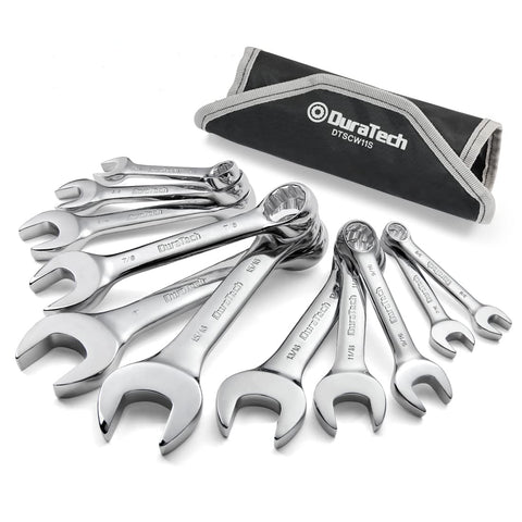DURATECH Stubby SAE wrench set shown with rolling pouch for quick organization.