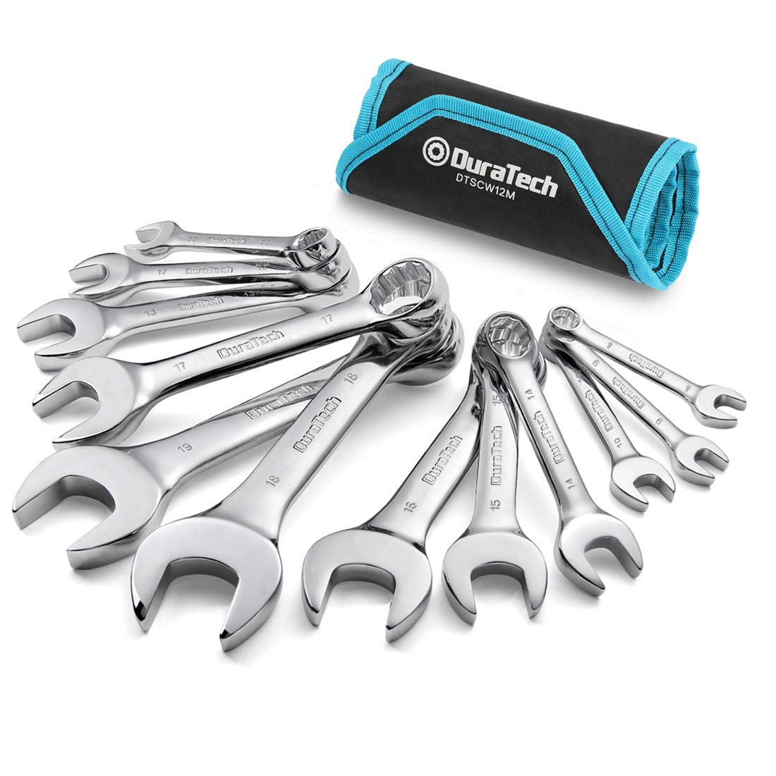 DURATECH stubby wrench set with roll-up pouch for compact, organized tool storage.