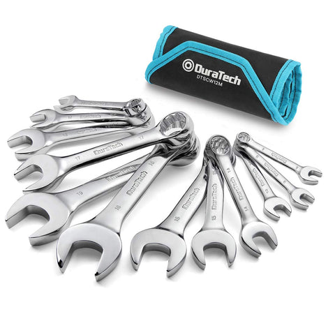 DURATECH stubby wrench set with roll-up pouch for compact, organized tool storage.