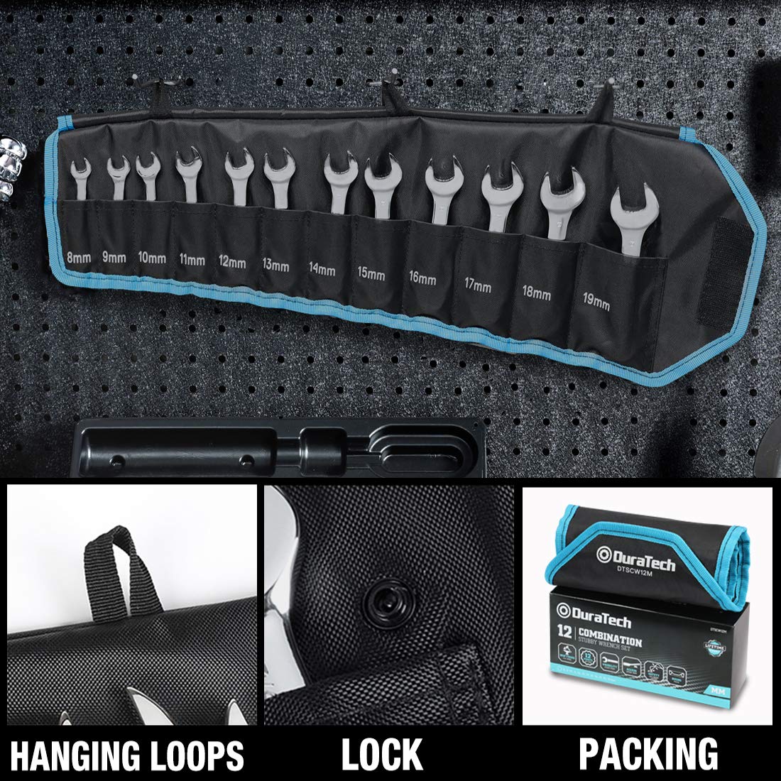 DURATECH stubby wrenches reaching into tight spaces without knuckle interference.