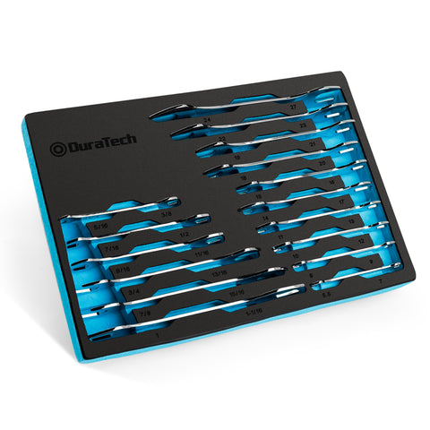 DURATECH super-thin open-end wrenches close-up with chrome finish for hard-to-reach bolts