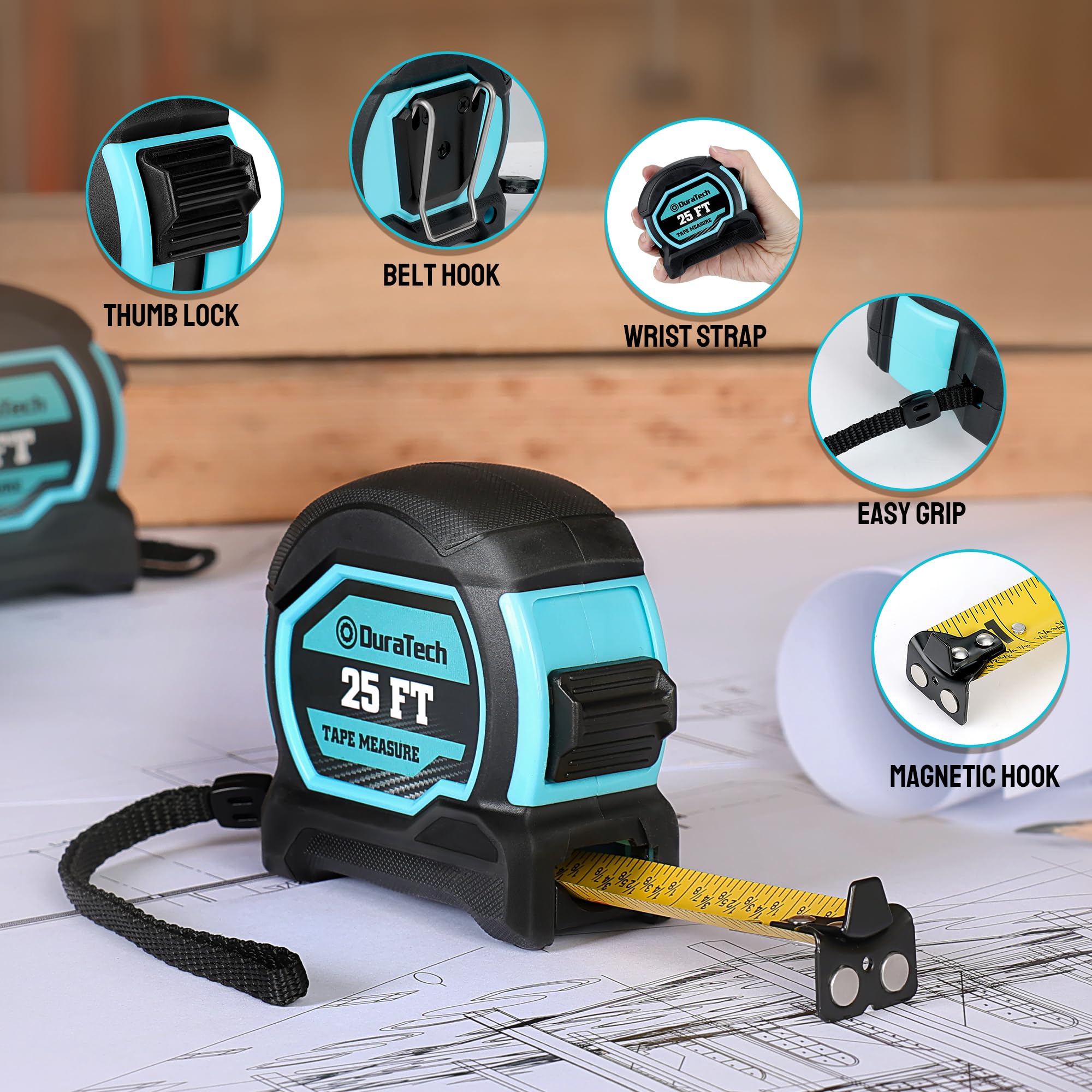 DURATECH tape measure end hook magnetic grip on metal surface for precise reads