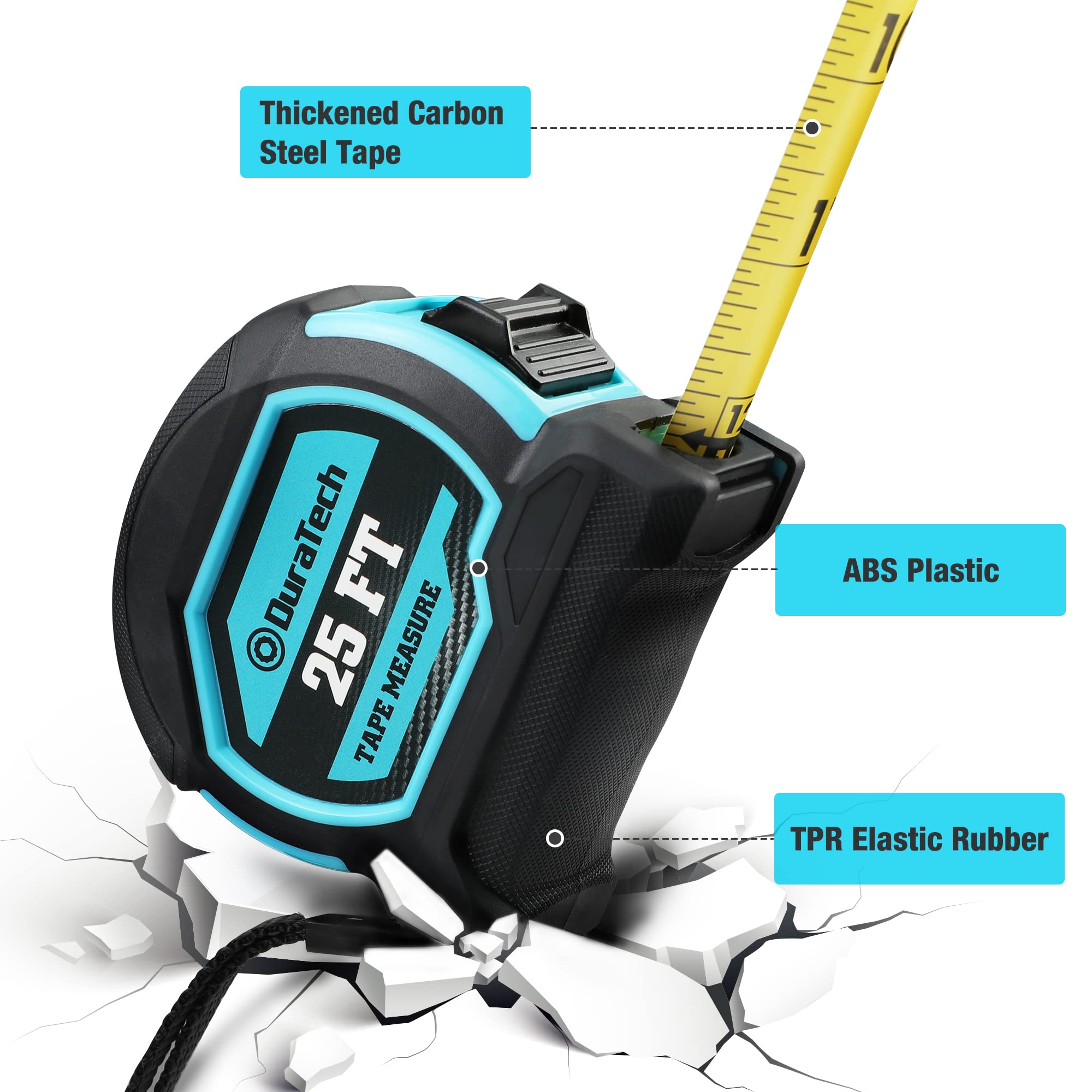 DURATECH tape measure 25ft with fractions improves one-person measuring efficiency.