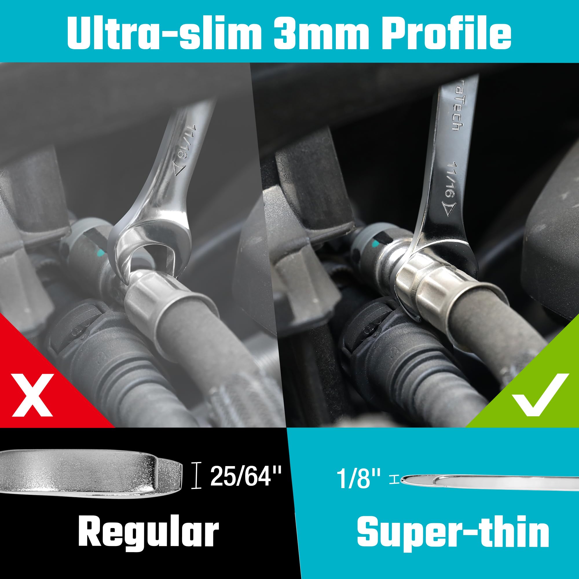 DURATECH ultra-slim profile wrenches showing 3 mm thickness