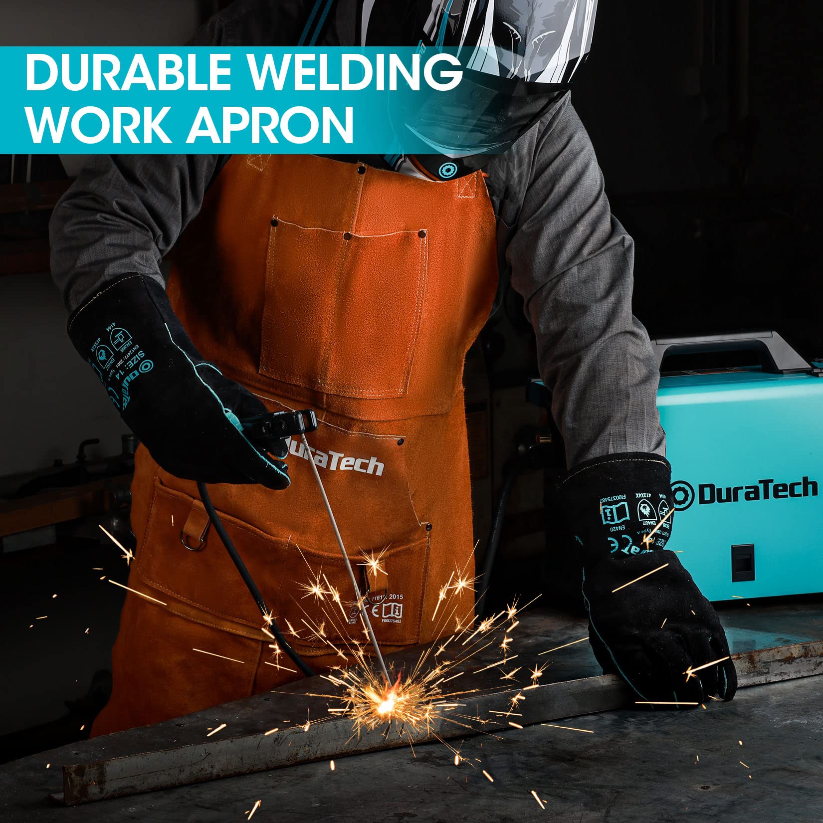 DURATECH welding apron cross-back straps distribute weight to reduce neck strain