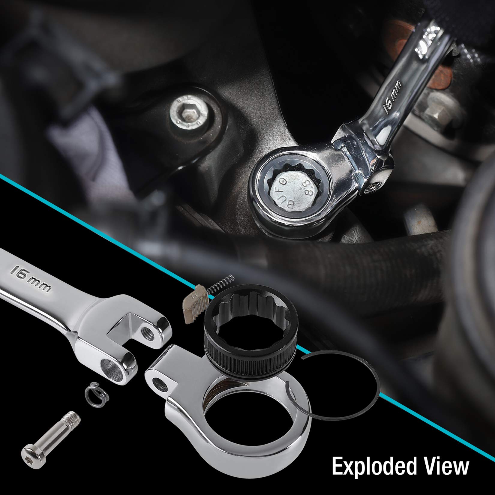 DURATECH 180-degree flex head reaches tight spaces for hard-to-access bolts.