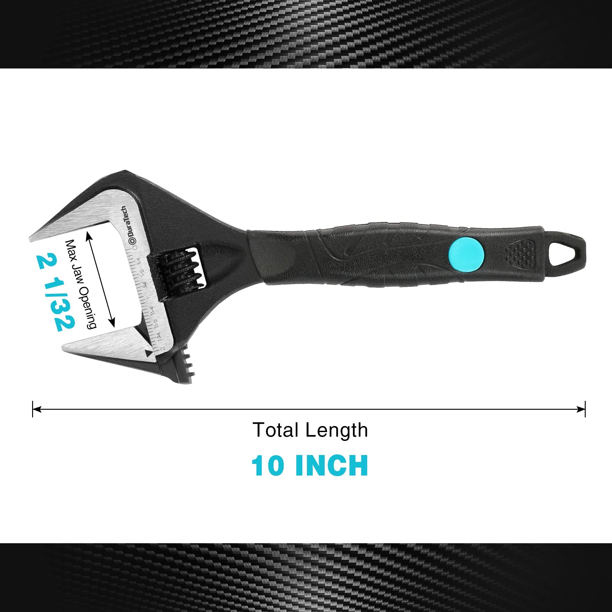 Duratech wrench head shows laser-marked SAE and metric scale for precise fitting.