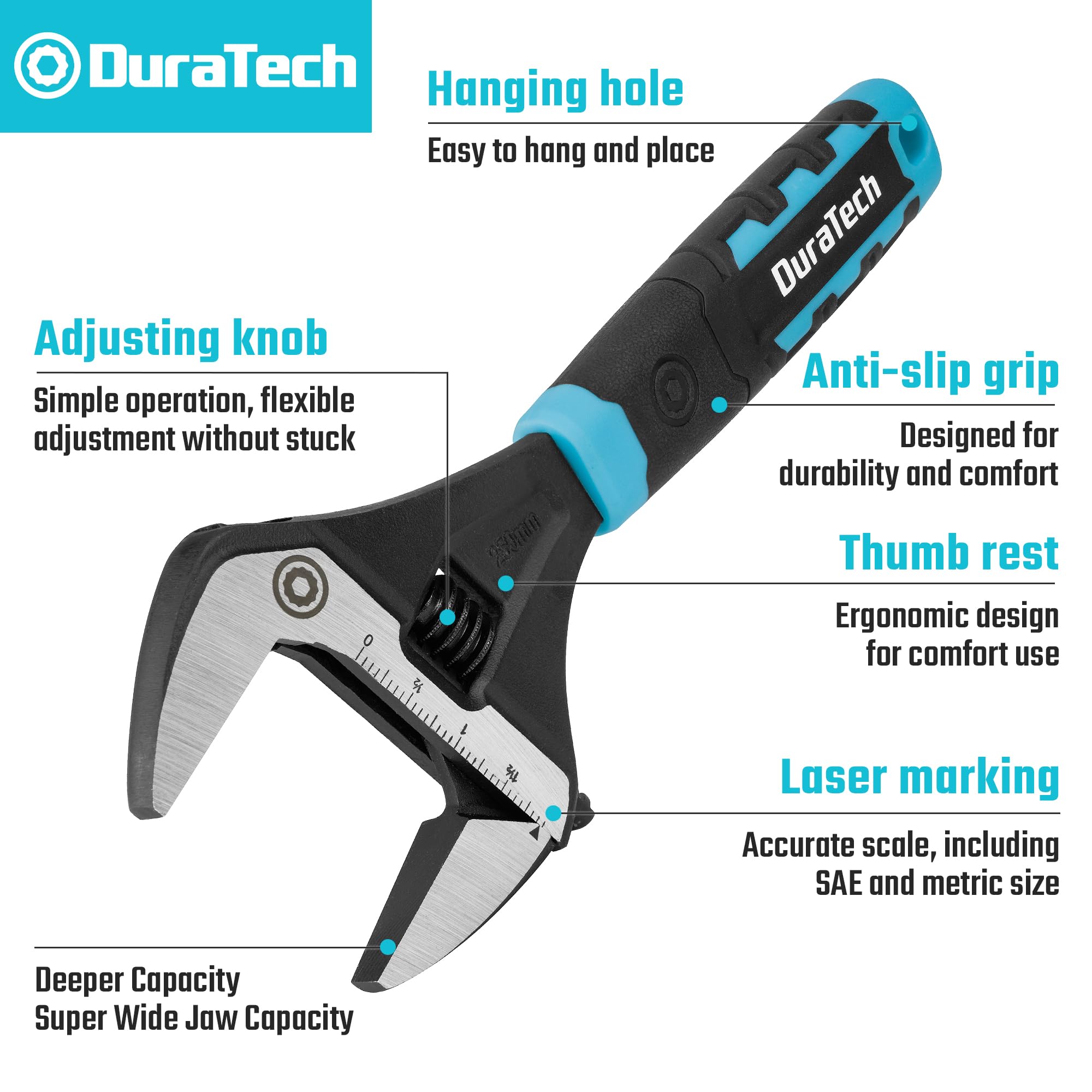 DURATECH wrench showing laser-marked SAE and Metric scale for precise fitting.