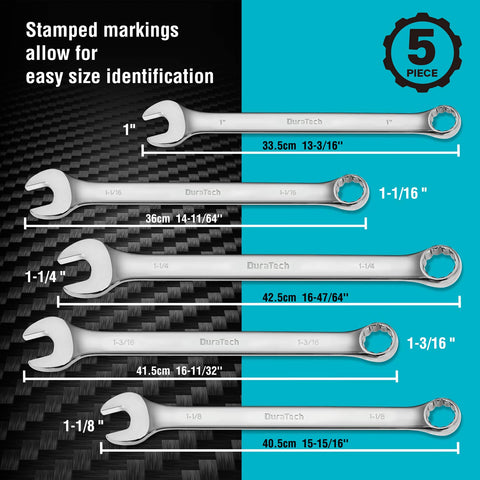 DURATECH 5-piece wrenches in sizes 1in to 1-1/4in for common fasteners.