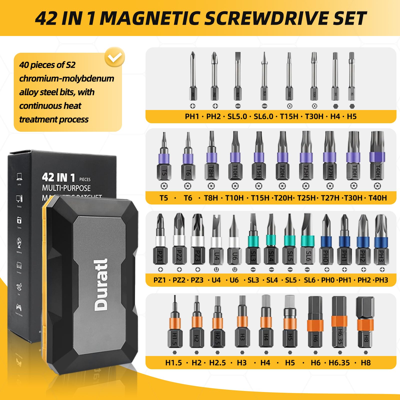 Duratl 42-in-1 40pcs S2 bits cover Phillips, Torx, hex, and more.
