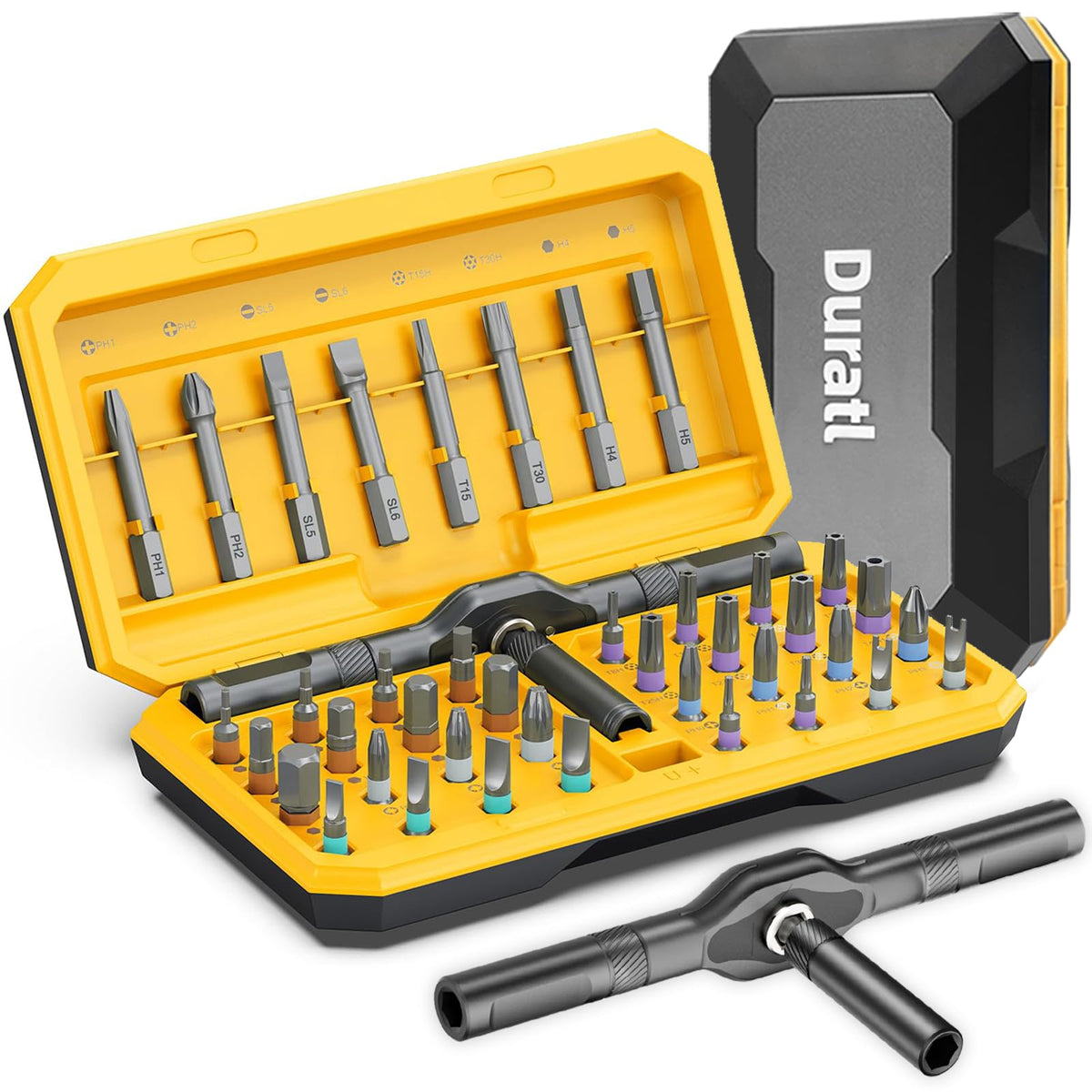 Duratl 42-in-1 magnetic screwdriver set case keeps bits organized for quick repairs.
