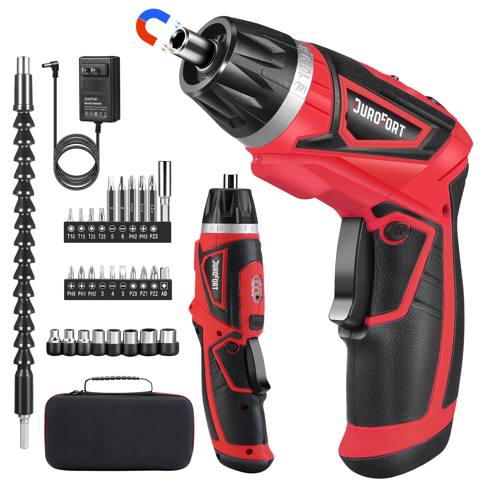 DuroFort cordless screwdriver with LED light for precise tightening in front view