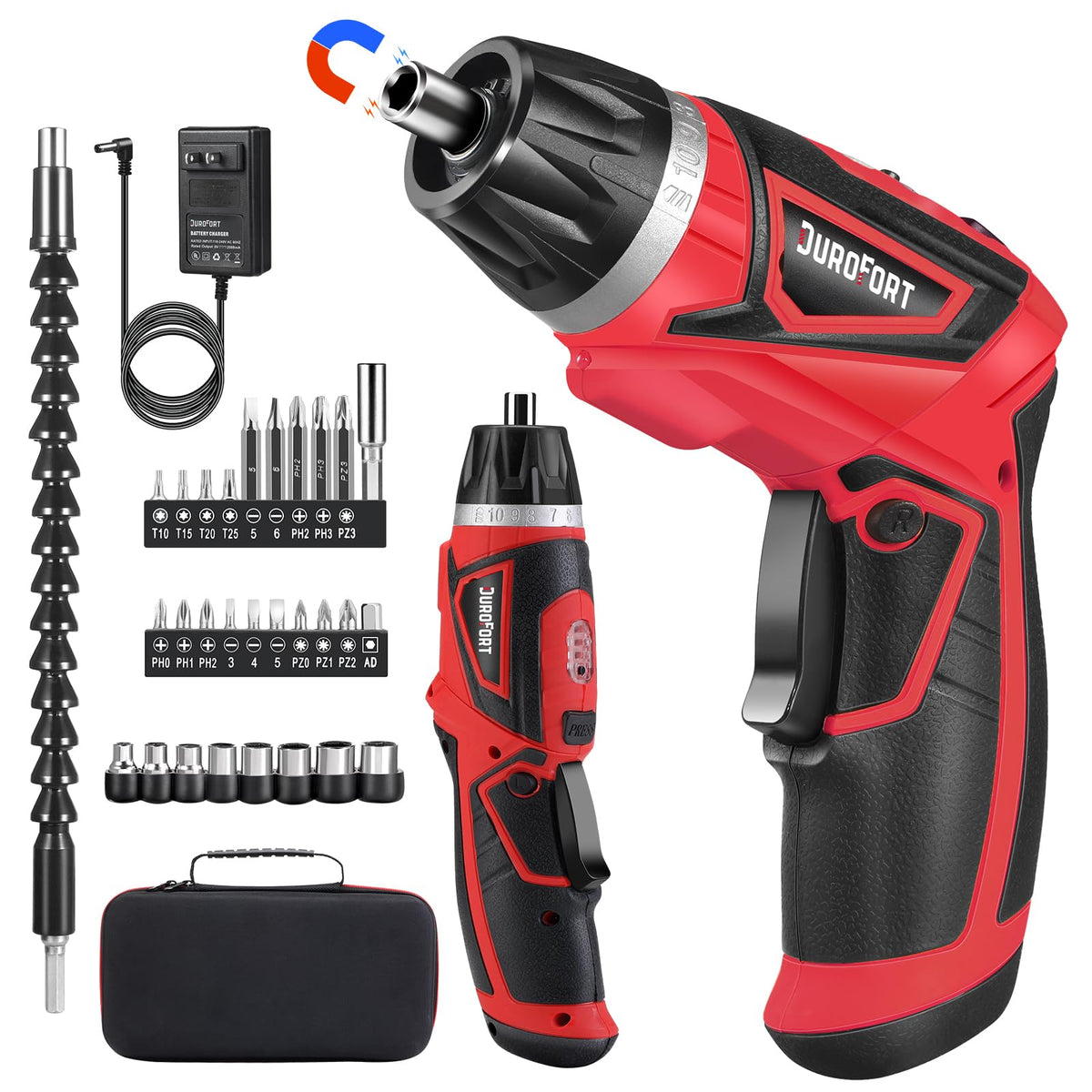 DuroFort cordless screwdriver with LED light for precise tightening in front view