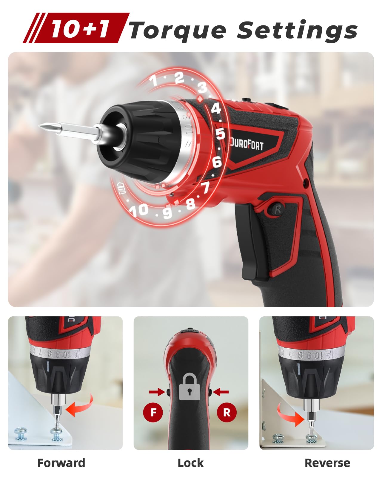 DuroFort cordless screwdriver showing battery indicator for planning tasks