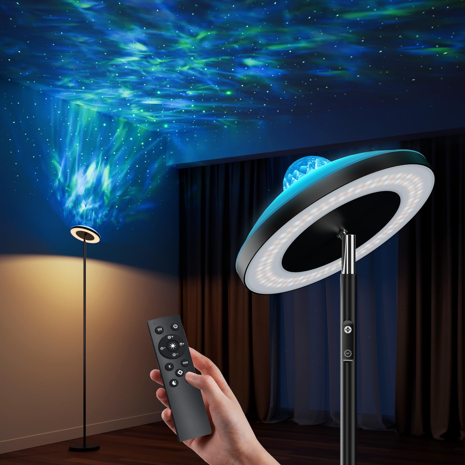 DUSKTEC floor lamp with RGB star projector creates a cinematic living room atmosphere.