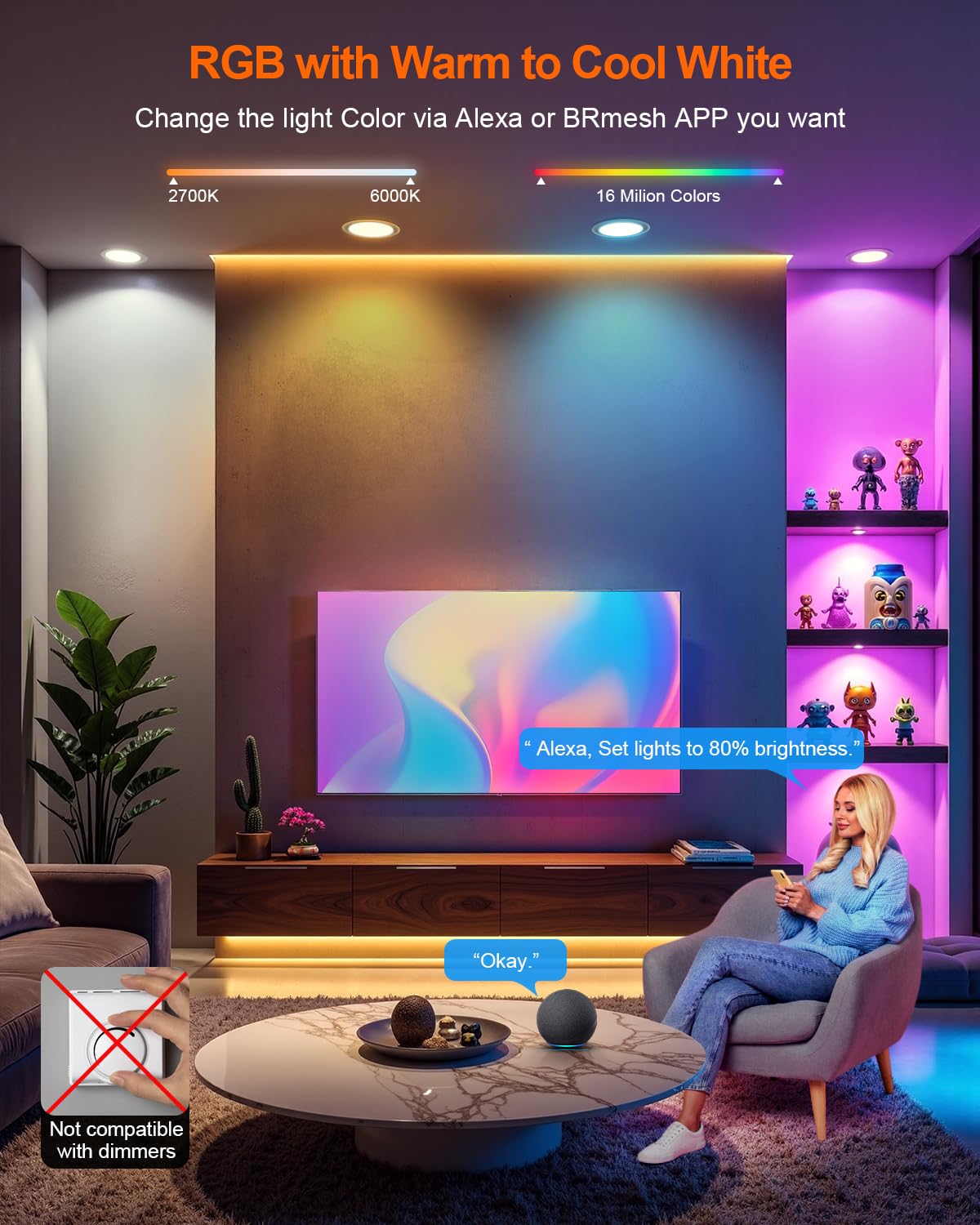 DUSKTEC smart 6in recessed light color cycle for vibrant scenes