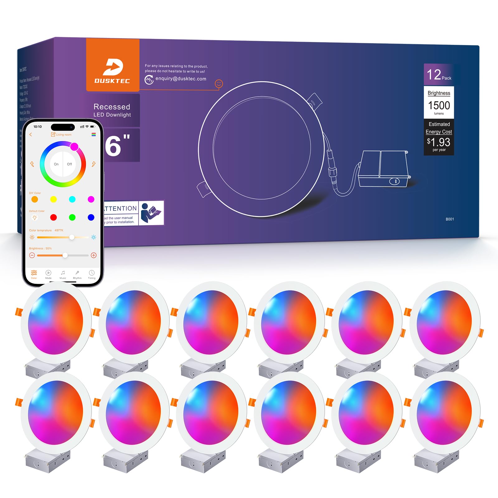 DUSKTEC smart recessed light front view showing 6 inch size and clean ceiling integration