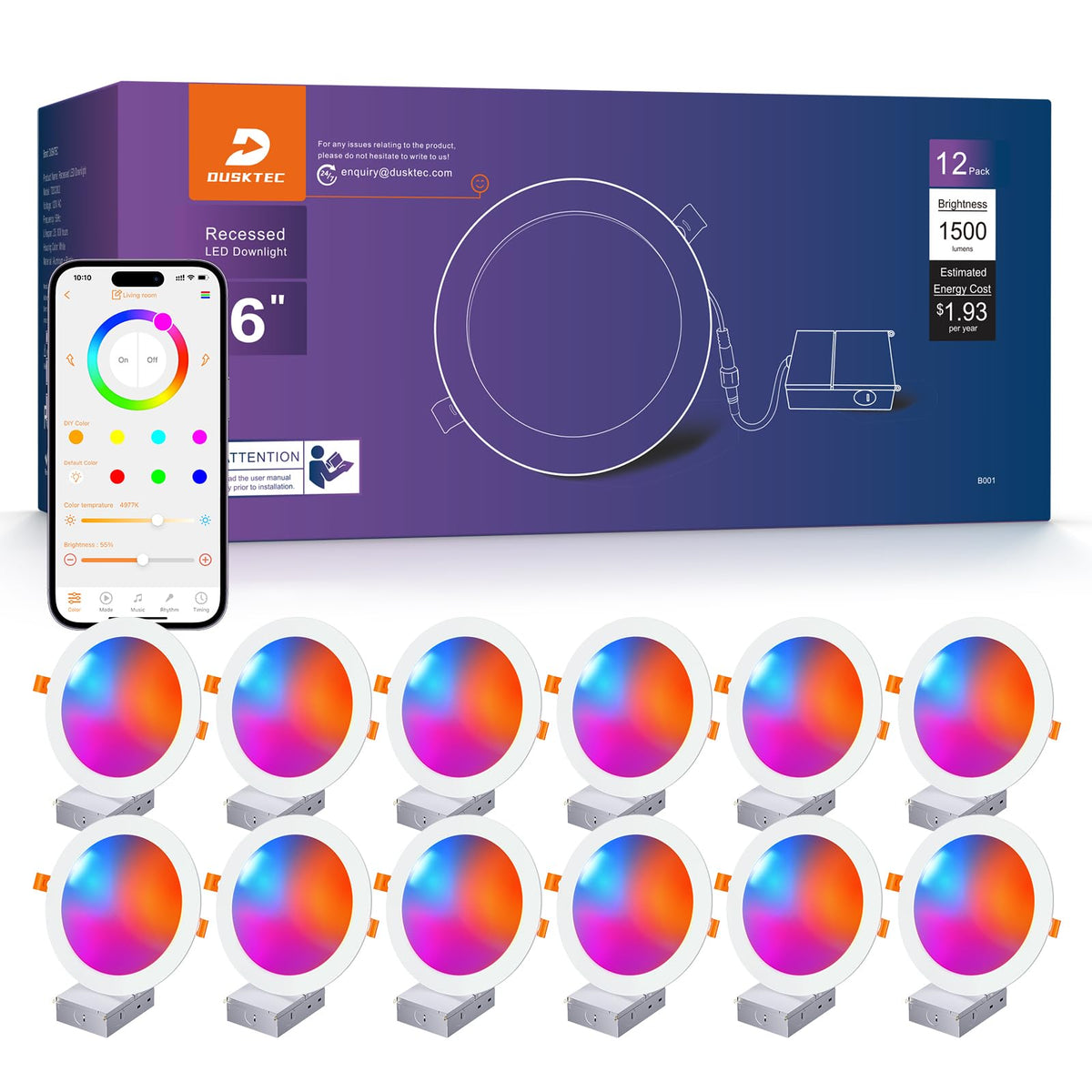 DUSKTEC smart recessed light front view showing 6 inch size and clean ceiling integration