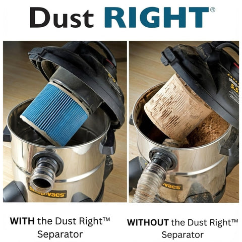 Dust Right 10-gallon translucent bucket shows fill level during cleanup.