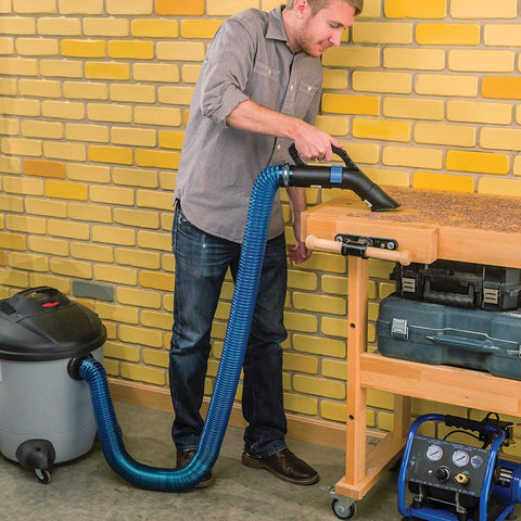 Dust Right hose in use reduces tangling and tripping during cleanup