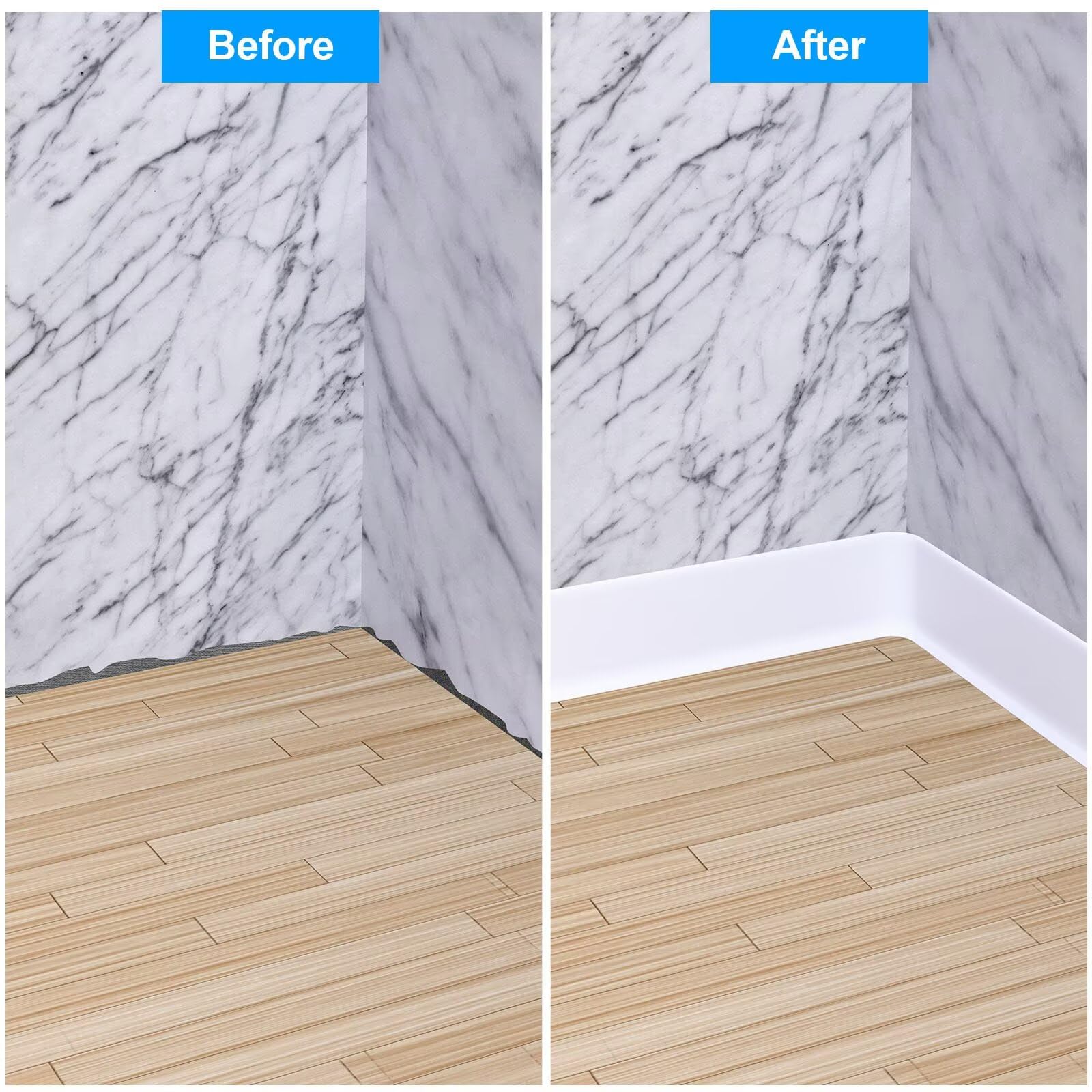 Duzzy baseboard trim cut-to-length for precise corner and floor fits