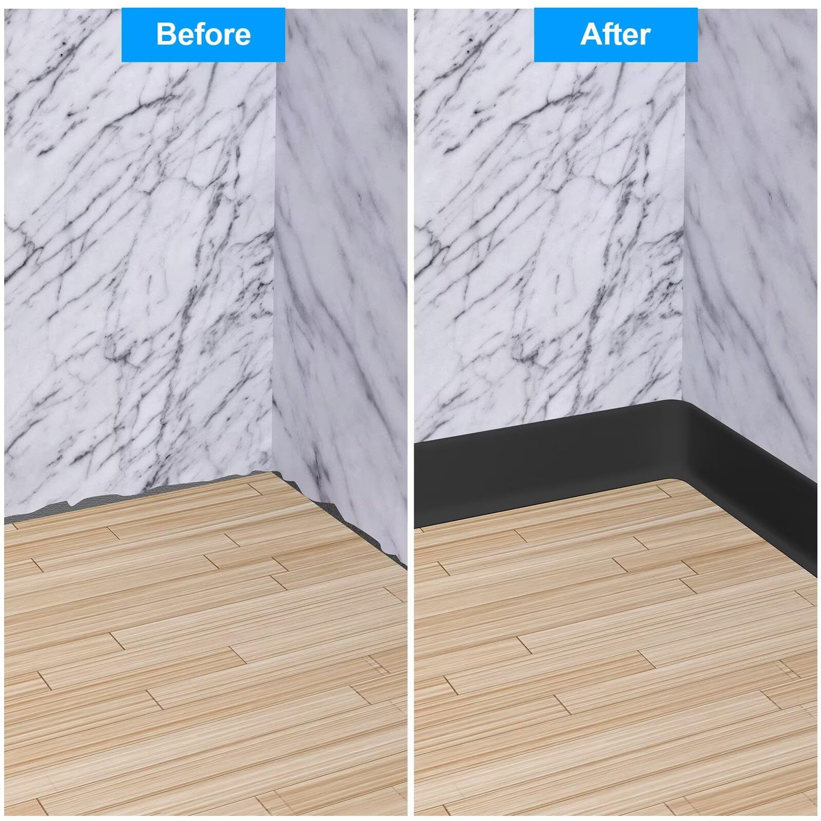Duzzy baseboard trim compatible with tile, wood, glass and more