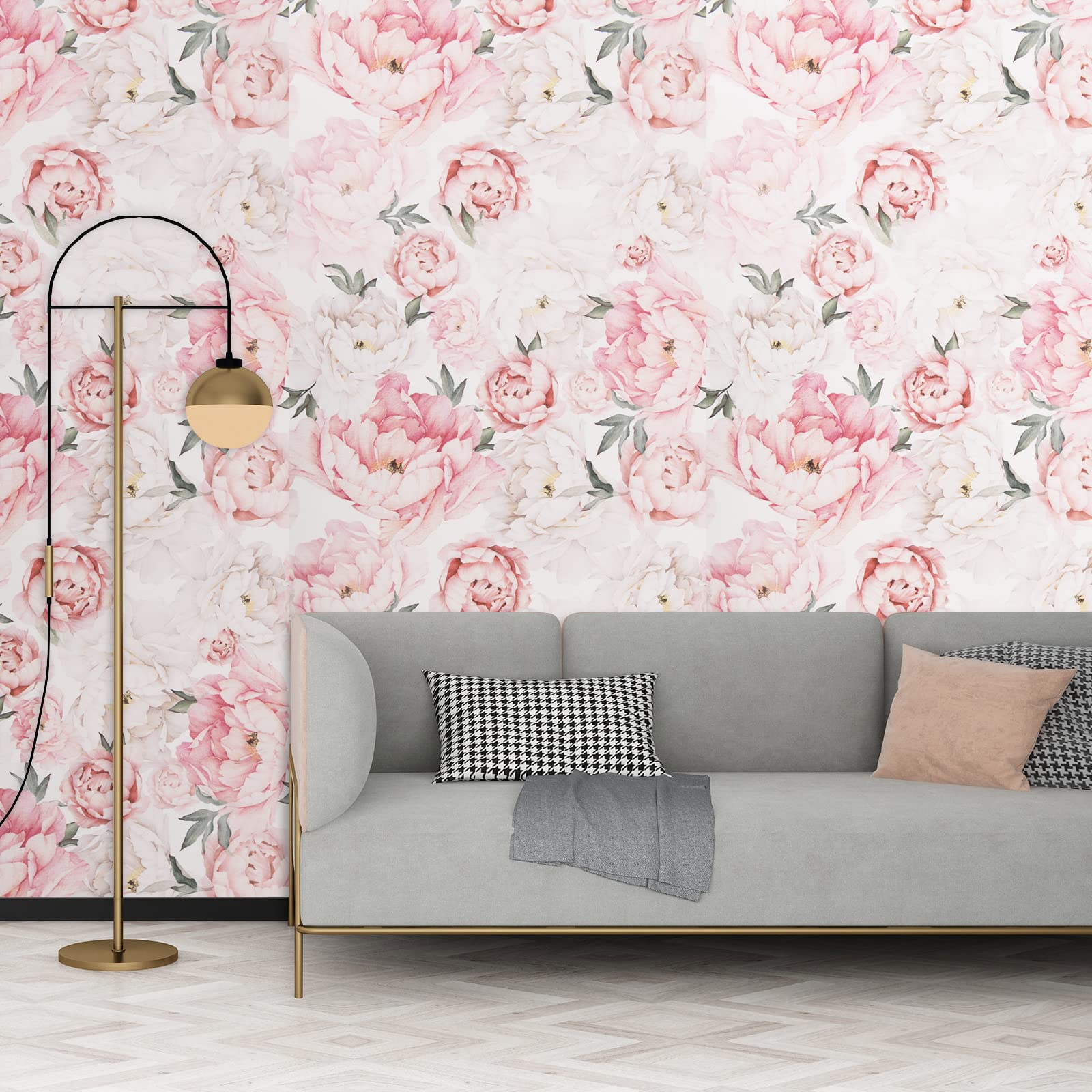 Watercolor pink and white floral design enhances a bedroom wall
