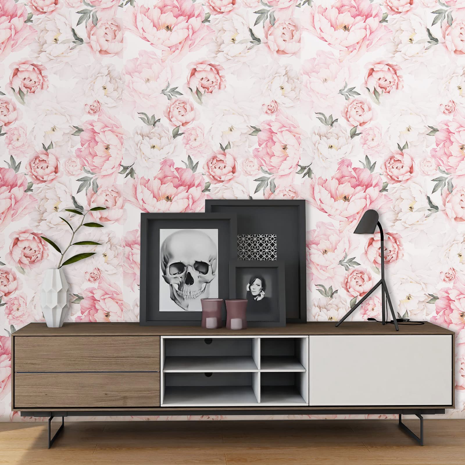 Removable wallpaper applied to a cabinet surface for quick refresh
