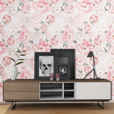 Removable wallpaper applied to a cabinet surface for quick refresh