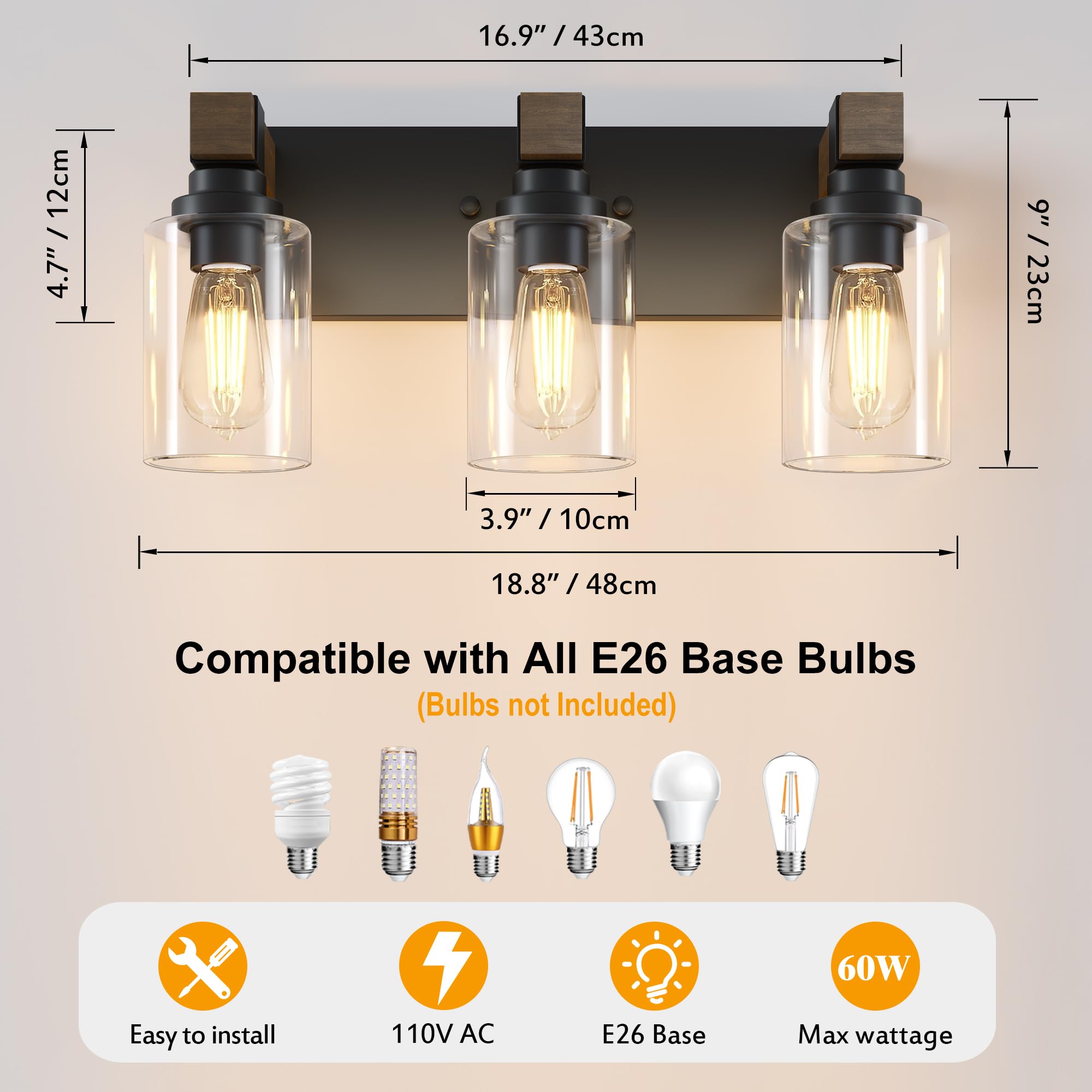 DvmTeom 3-light vanity uses an E26 base for versatile bulb options.